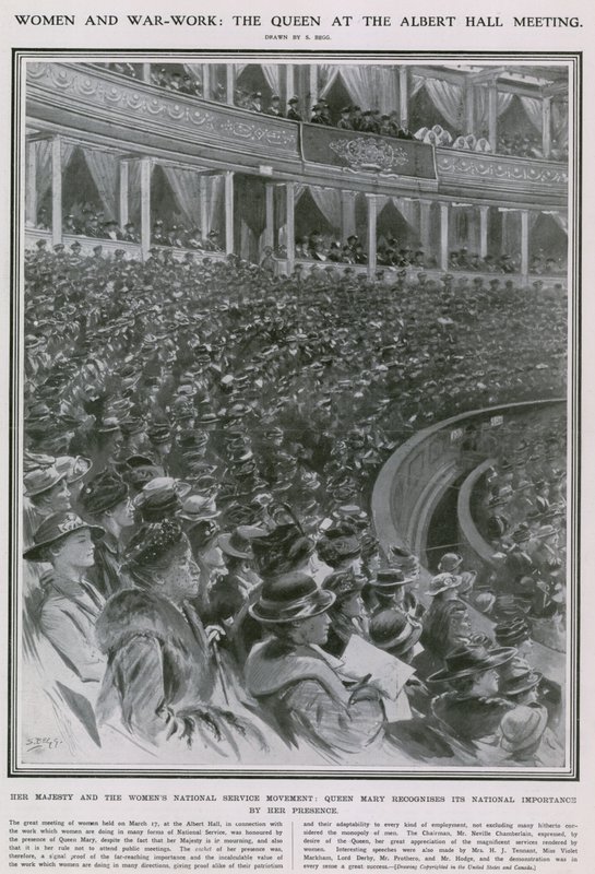 Mujeres y trabajo de guerra: la reina en la reunión del Albert Hall de Samuel Begg