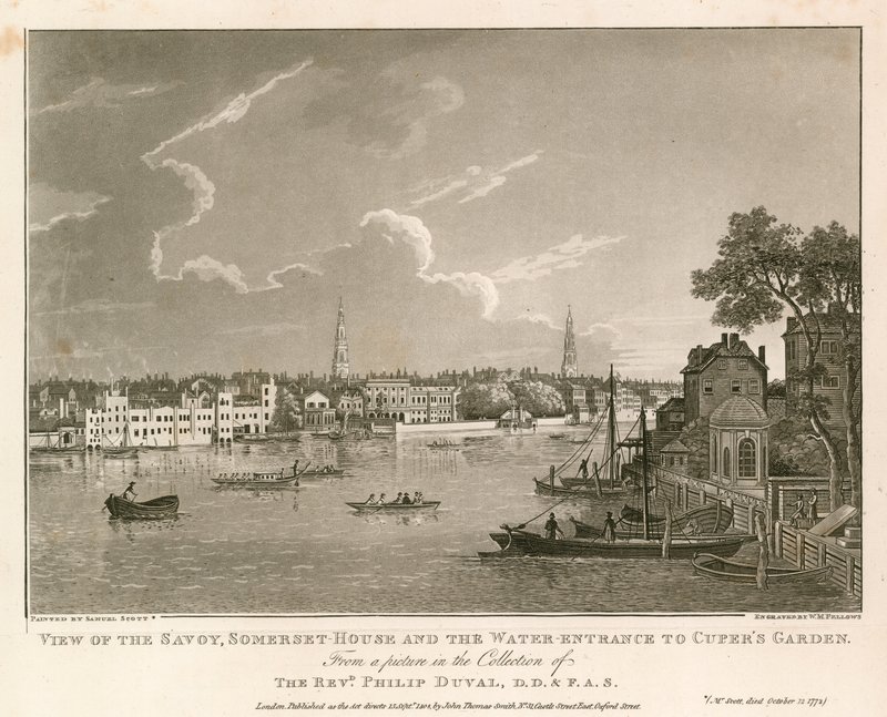 Vista del Savoy, Somerset House y la entrada de agua al jardín de Cuper de Samuel Scott