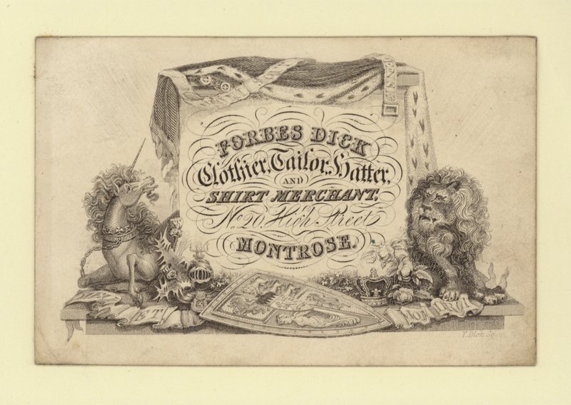 Anuncio de Forbes Dick, sastre, sombrerero y comerciante de camisas, Montrose, Forfarshire, Escocia de Scottish School