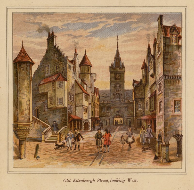 Old Edinburgh Street mirando al oeste (litografía en color) de Scottish School