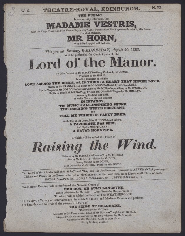 Programa de teatro para el Theatre Royal, Edimburgo, 20 de agosto de 1823 de Scottish School