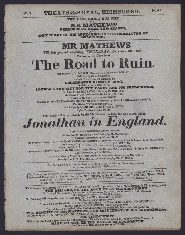 Programa de teatro para el Theatre Royal, Edimburgo, 29 de diciembre de 1825 de Scottish School