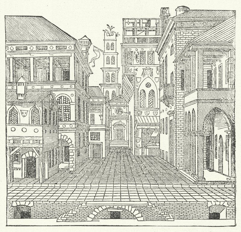 Diseño escénico del arquitecto manierista italiano Sebastiano Serlio para una comedia de Sebastiano Serlio