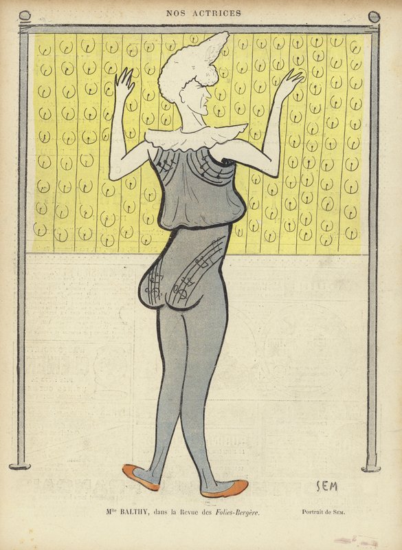 Louise Balthy, actriz francesa, en el Folies-Bergere, ilustración para Le Rire de Sem