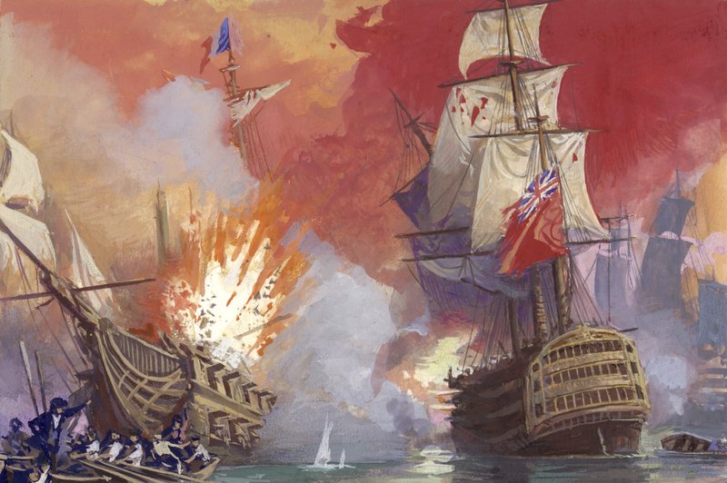 Batalla naval británica contra los franceses durante las guerras napoleónicas (gouache sobre papel) de Severino Baraldi