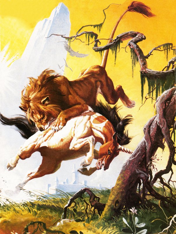 Lucha entre un unicornio y un león de Severino Baraldi