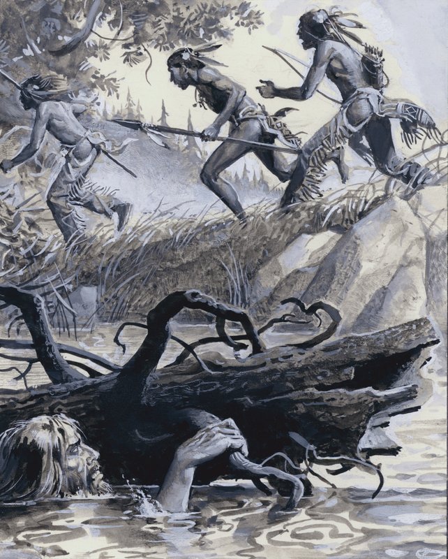 John Colter escondido detrás de un trozo de madera (gouache sobre papel) de Severino Baraldi