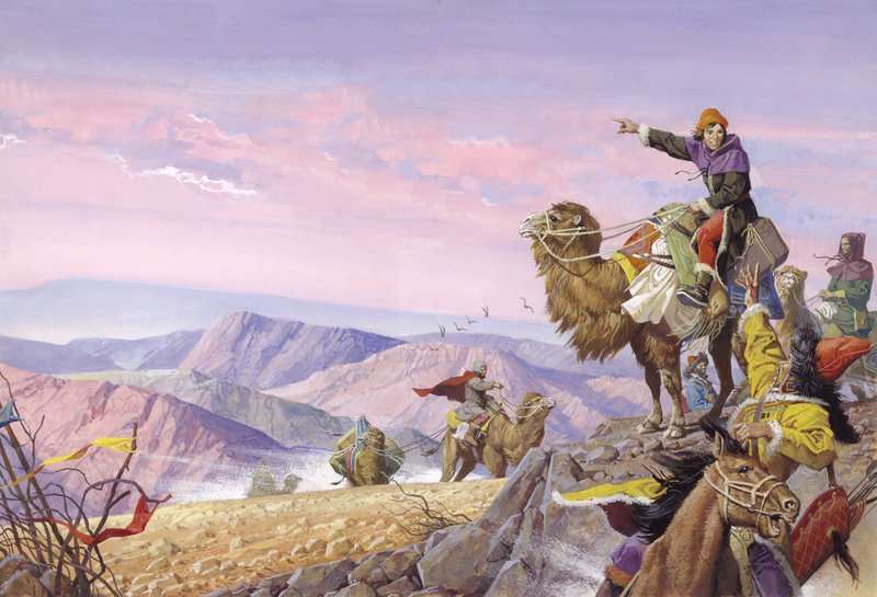 Marco Polo en el largo camino a Catay, siglo XX (gouache sobre papel) de Severino Baraldi