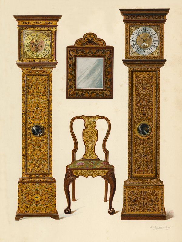 Reloj incrustado con marquetería clara, propiedad de Percy Macquoid; Reloj incrustado con marquetería oscura, Museo Victoria y Alberto; Silla de nogal incrustada con marquetería; Espejo (cromolitografía) de Shirley Charles Llewellyn Slocombe