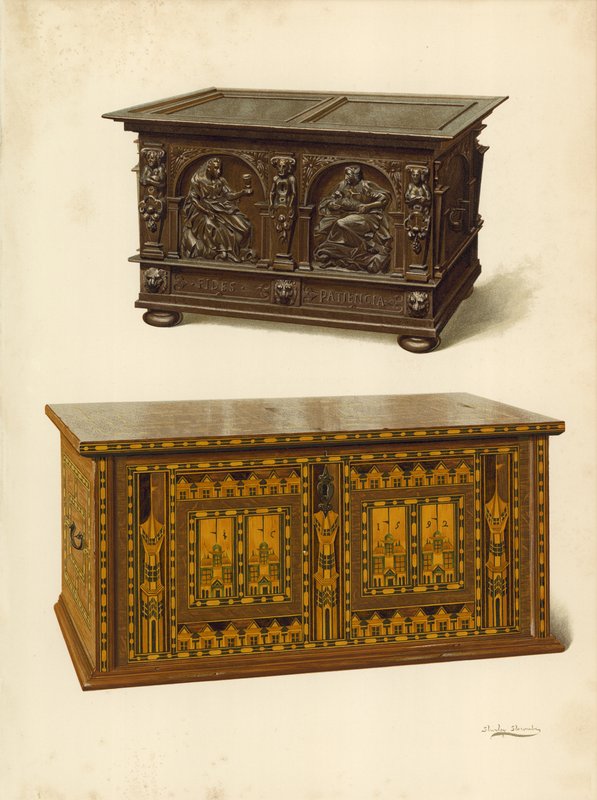 Cofre de roble, propiedad de Seymour Lucas; Cofre de roble incrustado Nonesuch (cromolitografía) de Shirley Charles Llewellyn Slocombe