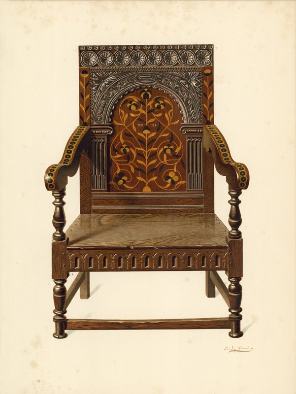 Silla incrustada de roble, propiedad de Miss Dorothy Chune Fletcher de Shirley Charles Llewellyn Slocombe
