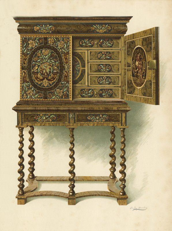 Gabinete de nogal con marquetería, propiedad de La Honorable Charlotte Maria Lady North y R Eden Dickson (cromolitografía) de Shirley Charles Llewellyn Slocombe
