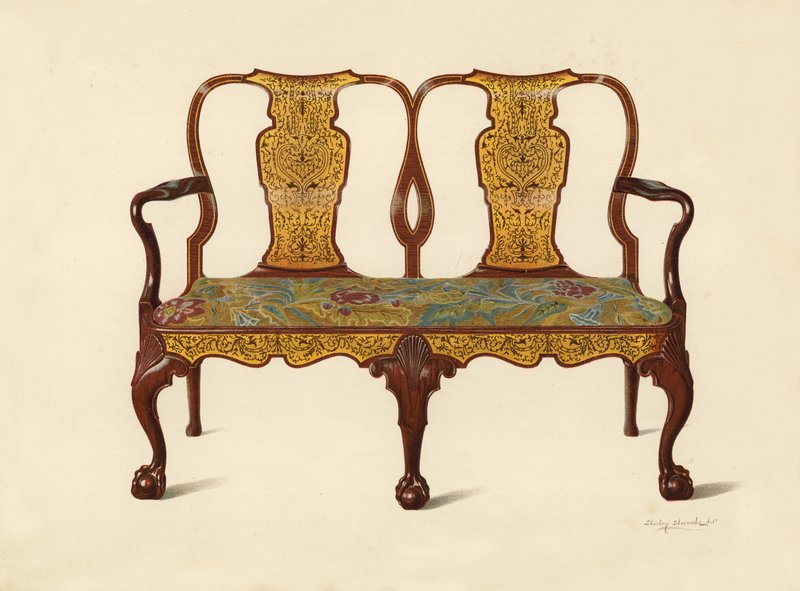 Sofá de nogal con marquetería, propiedad de Percy Macquoid de Shirley Charles Llewellyn Slocombe