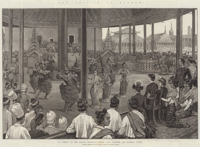 Los británicos en Birmania, un Pooay en el Palacio, Mandalay, ante Lady Dufferin y damas birmanas de Sidney Paget
