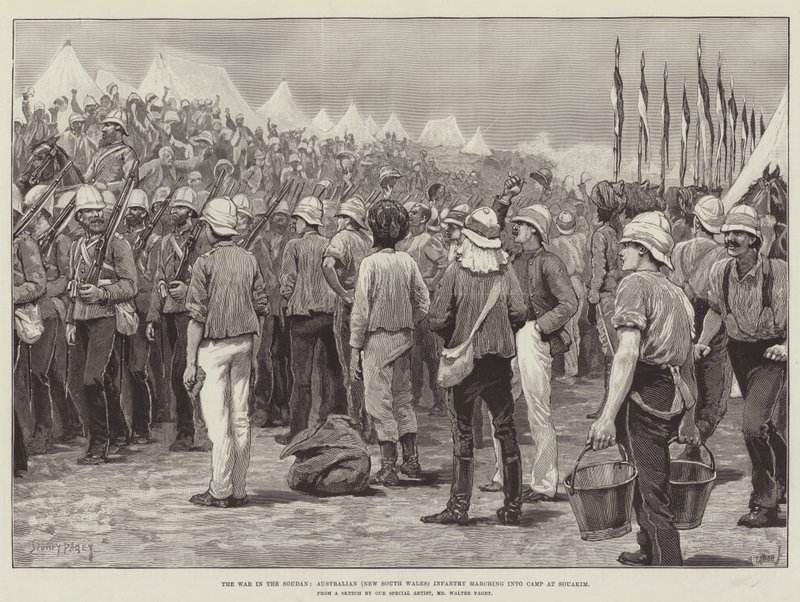 La guerra en Sudán, infantería australiana (Nueva Gales del Sur) marchando al campamento en Souakim de Sidney Paget
