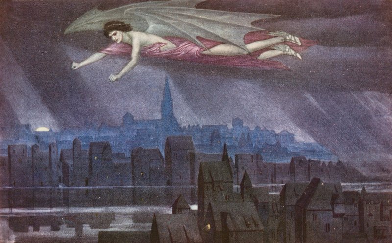 La Leyenda Dorada: Lucifer sobrevolando la ciudad (litografía en color) de Sidney Meteyard