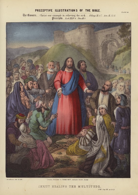Cristo sanando a la multitud (grabado en color) de Siegfried Detler Bendixen