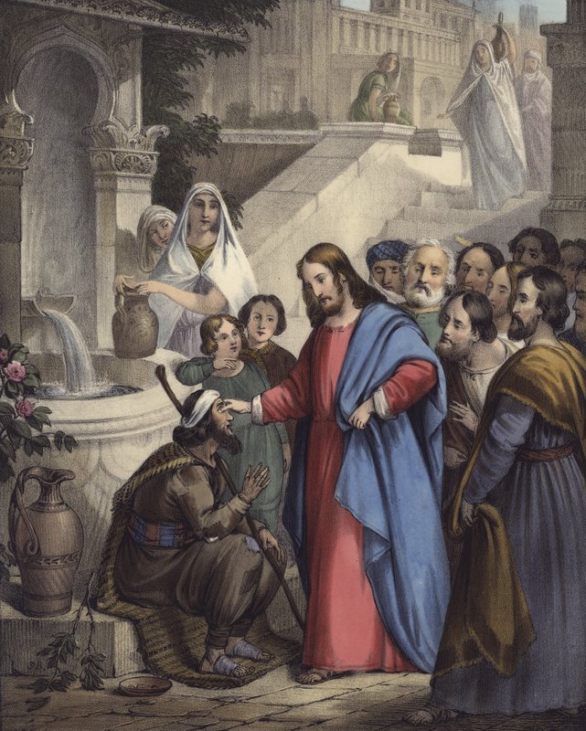 Jesús da vista a un nacido ciego (litografía en color) de Siegfried Detler Bendixen