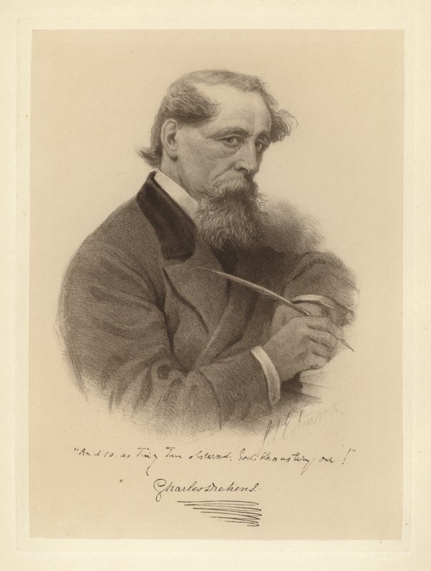 Retrato de Charles Dickens sosteniendo su pluma (foto en blanco y negro) de Solomon (after) Eytinge