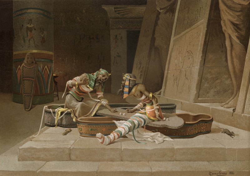 Las momias de Setna y Ptahneferka jugando a los dados por el libro mágico de Thoth de Spanish School