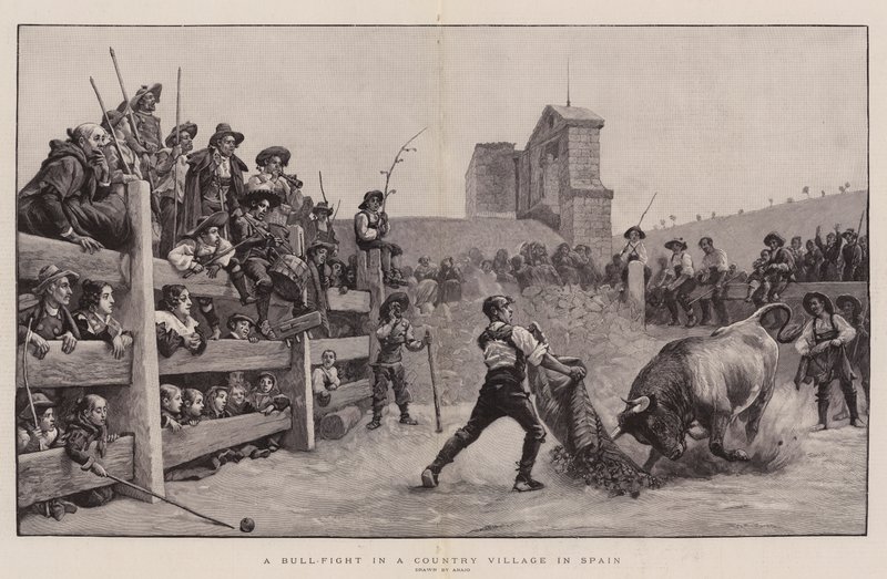 Una corrida de toros en un pueblo de España (grabado) de Spanish School