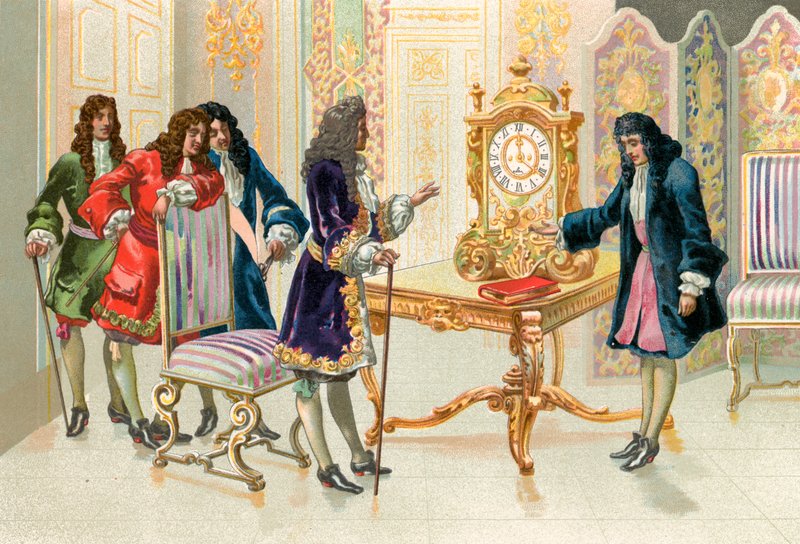Christiaan Huygens presentando el reloj de péndulo a Luis XIV de Spanish School