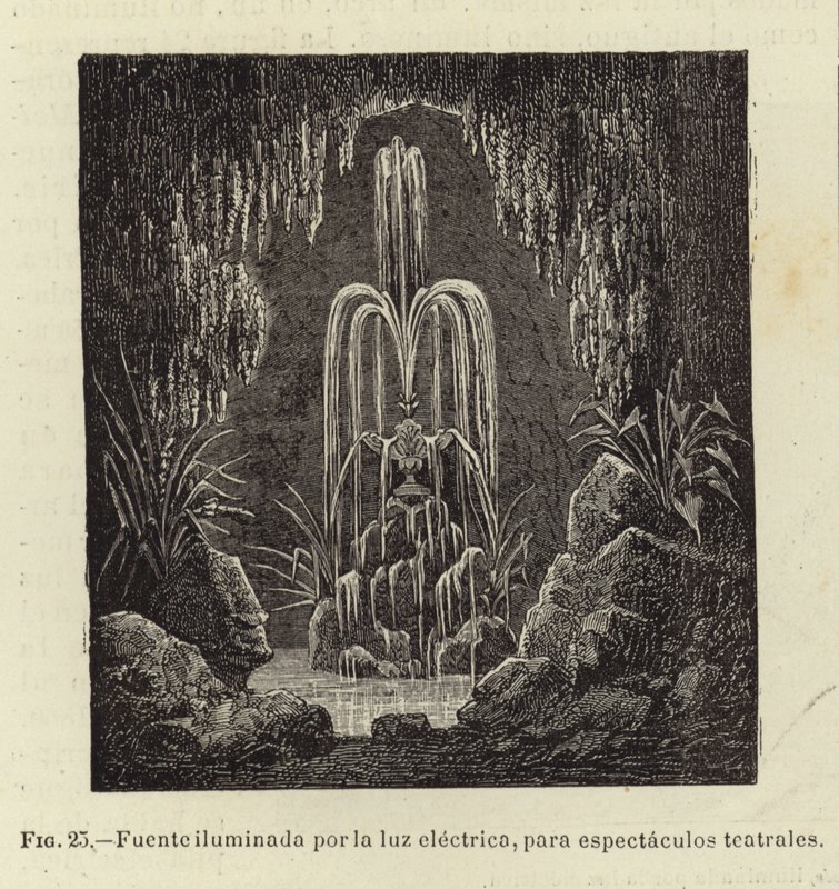Fuente iluminada por luz eléctrica, para espectáculos de Spanish School