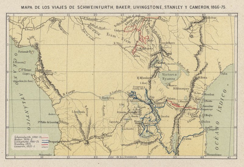 Mapa que muestra los viajes de los exploradores Georg August Schweinfurth, Samuel Baker, David Livingstone, Henry Morton Stanley y Verney Lovett Cameron en África de Spanish School