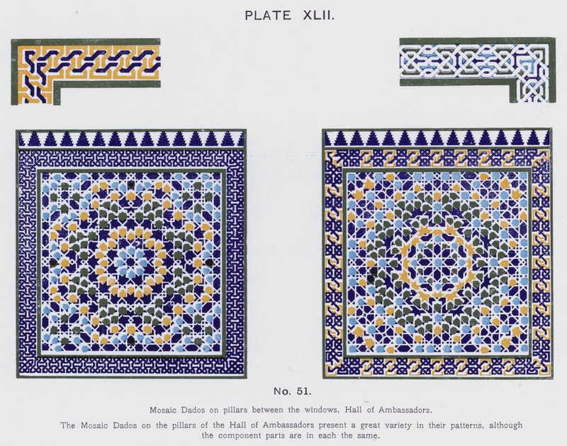 Dados de mosaico en pilares entre las ventanas, Salón de Embajadores de Spanish School