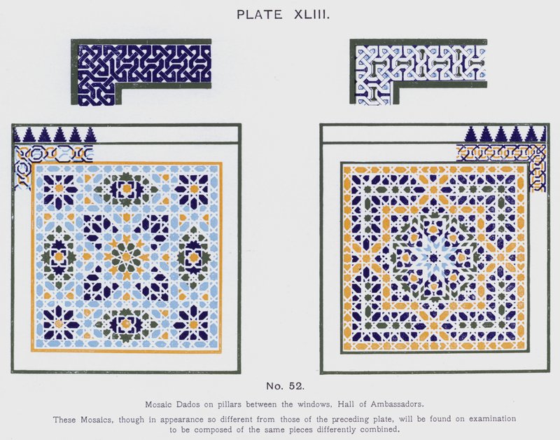 Dados de mosaico en pilares entre las ventanas, Sala de los Embajadores de Spanish School