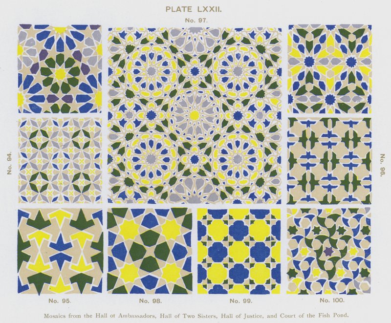 Mosaicos del Salón de Embajadores, Salón de las Dos Hermanas, Salón de Justicia y Corte del Estanque de los Peces de Spanish School