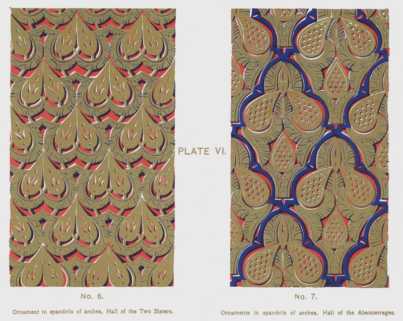 Ornamento en las enjutas de los arcos, Sala de las Dos Hermanas, Ornamentos en las enjutas de los arcos, Sala de los Abencerrajes (litografía en color) de Spanish School