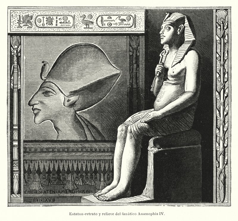 Estatua sentada y relieve del faraón egipcio antiguo Akenatón (Amenhotep IV) (litografía) de Spanish School