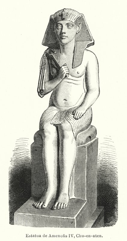 Estatua del faraón egipcio antiguo Amenhotep IV (Akenatón) (litografía) de Spanish School
