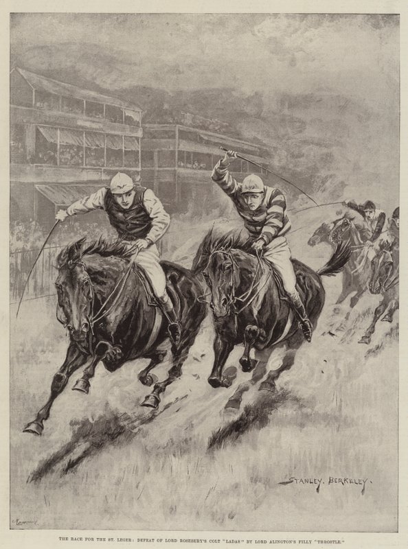 La carrera por el St Leger, derrota del potro Ladas de Lord Rosebery por la yegua Throstle de Lord Alington de Stanley Berkeley