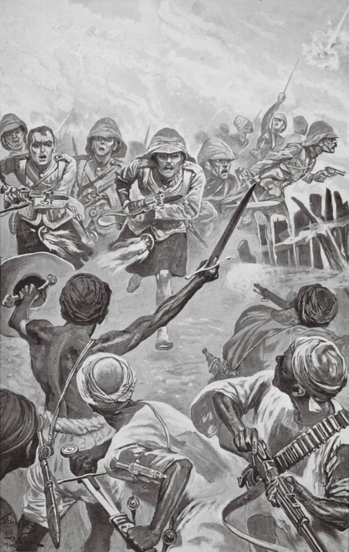 Camerones apurando la zareba en el Atbara (litografía) de Stanley L. (after) Wood