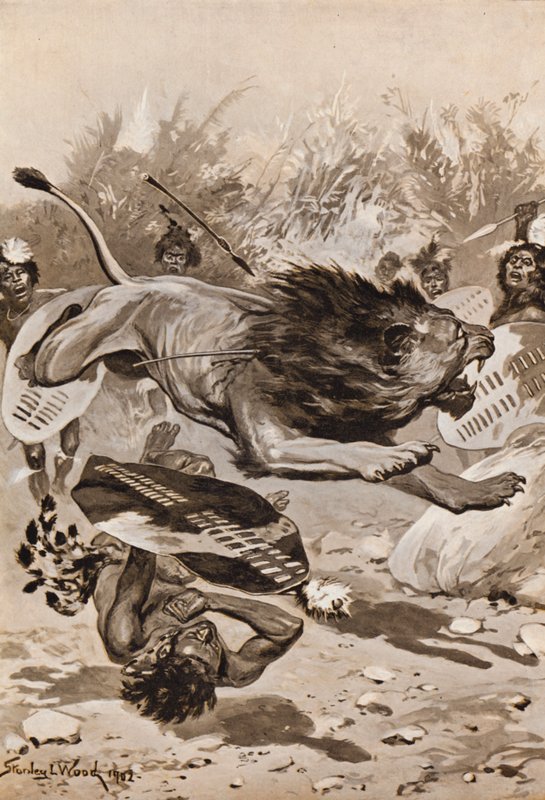 Caza del león (litografía) de Stanley L. (after) Wood