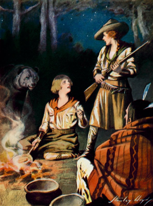 Escena de The Gratitude of Great Bear: un oso se acerca a una hoguera (litografía en color) de Stanley Lloyd