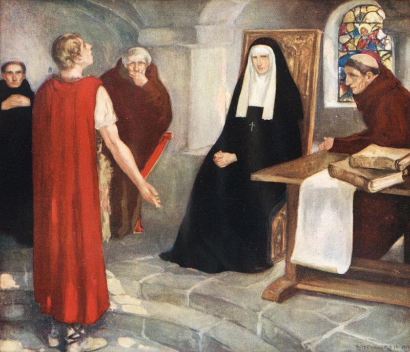 Caedmon ante Santa Hilda (litografía en color) de Stephen Reid