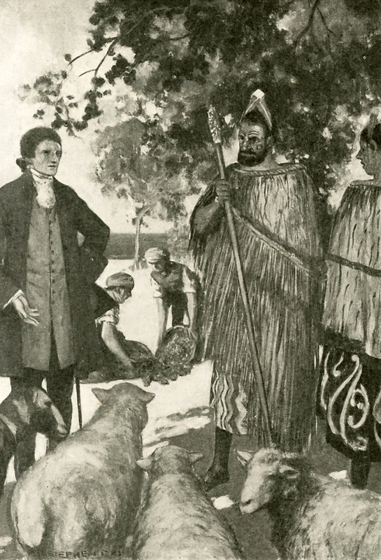 El capitán Cook ganando el favor de los nativos (litografía) de Stephen Reid