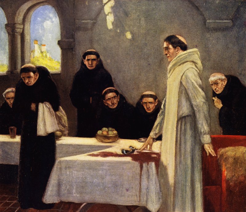 San Benito y los monjes (litografía en color) de Stephen Reid