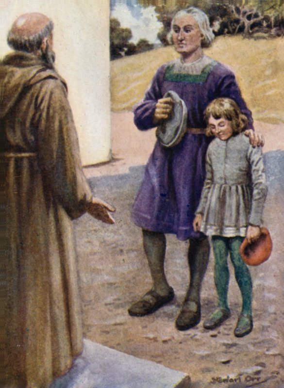 Colón y su hijo Diego en la puerta del convento de Stewart Orr