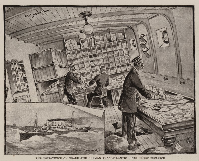 La oficina de correos a bordo del transatlántico alemán Furst Bismarck de Stoewer Willy