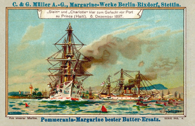 Buques de guerra alemanes Stein y Charlotte en el puerto de Port au Prince, Haití, durante el Asunto Luders, 6 de diciembre de 1897 (cromolitografía) de Stoewer Willy