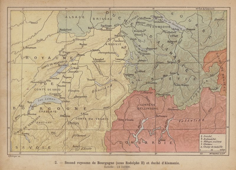 Ducados de Borgoña y Alamannia, principios del siglo X (grabado coloreado) de Swiss School