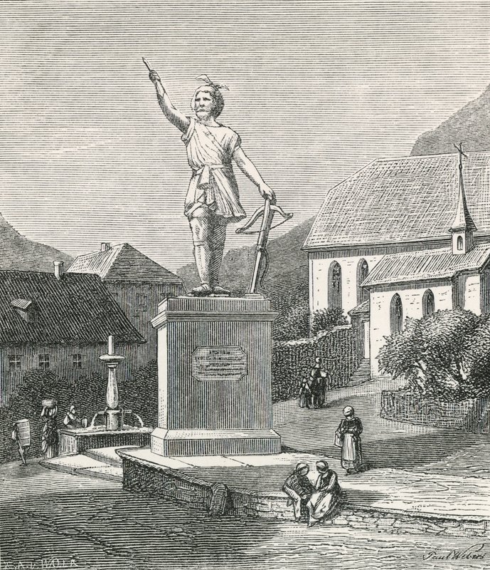 Estatua de Tell en Altorf, cerca del lugar donde se dice que disparó la manzana de la cabeza de su hijo de Swiss School