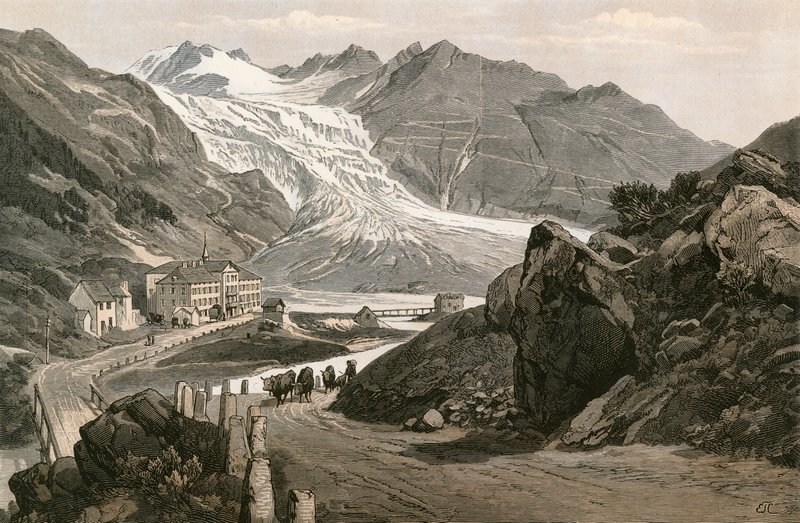 La parte inferior del glaciar del Ródano y el camino hacia el Furka de Swiss School
