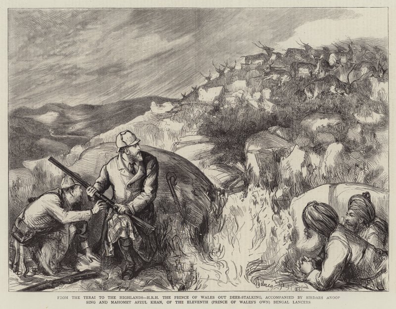 Desde el Terai hasta las Tierras Altas, SAR el Príncipe de Gales cazando ciervos, acompañado por los sirdars Anoop Sing y Mahomet Afzul Khan, del Undécimo (del Príncipe de Gales) Lanceros de Bengala de Sydney Prior Hall