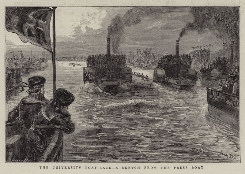 La carrera de botes universitarios, un boceto desde el barco de prensa de Sydney Prior Hall