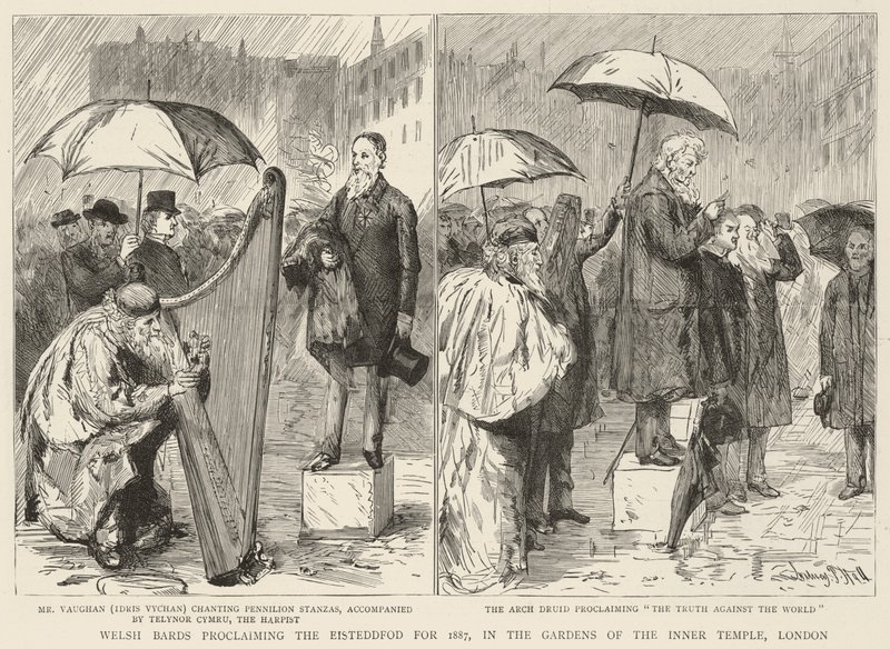 Bardos galeses proclamando el Eisteddfod para 1887, en los Jardines del Inner Temple, Londres de Sydney Prior Hall